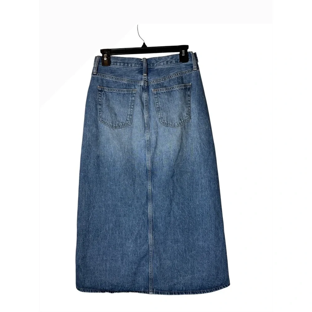 Uniqlo Denim Midi Skirt Women 10 Blue Medium Wash Front Slit Straight Jean